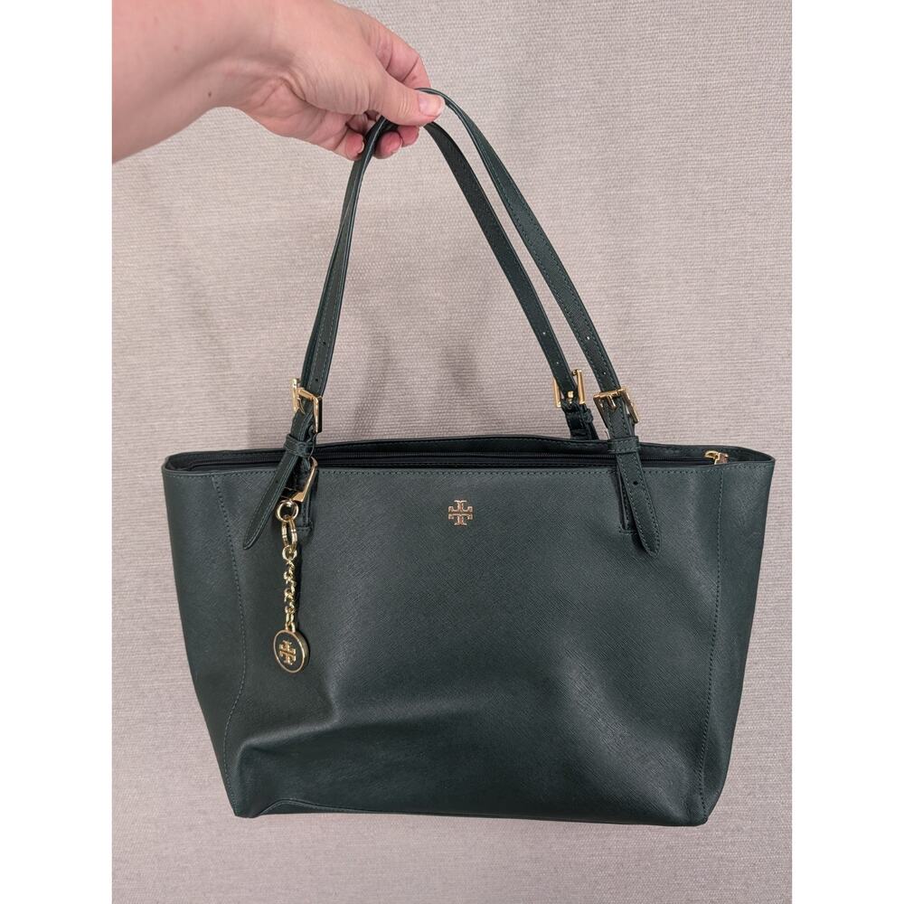 Tory Burch Dark Green Saffiano Leather Tote Bag Gold Hardware Large Handbag